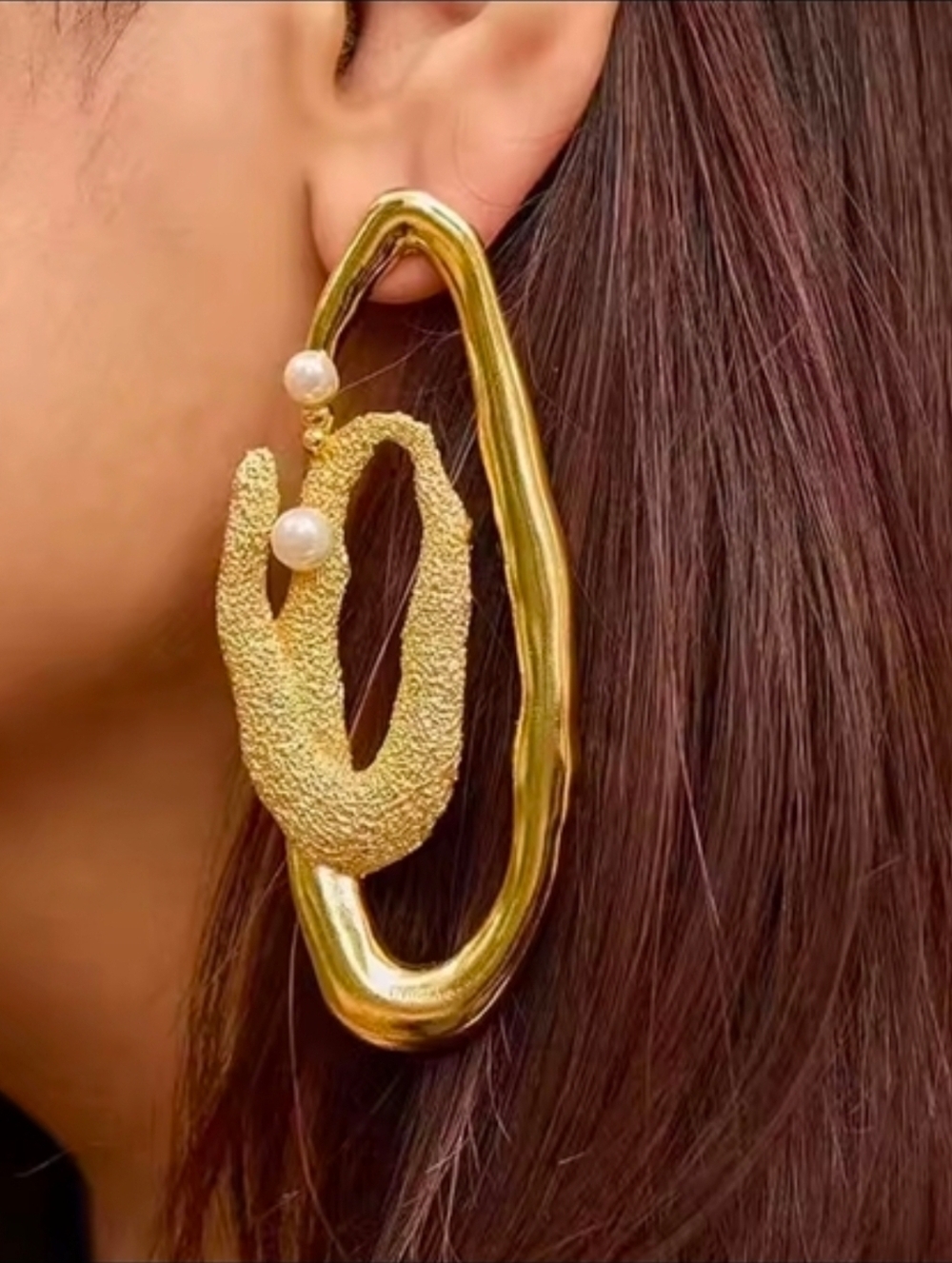 Gold Textured Loop Earrings with Pearl Accents - Picture 2 of 3